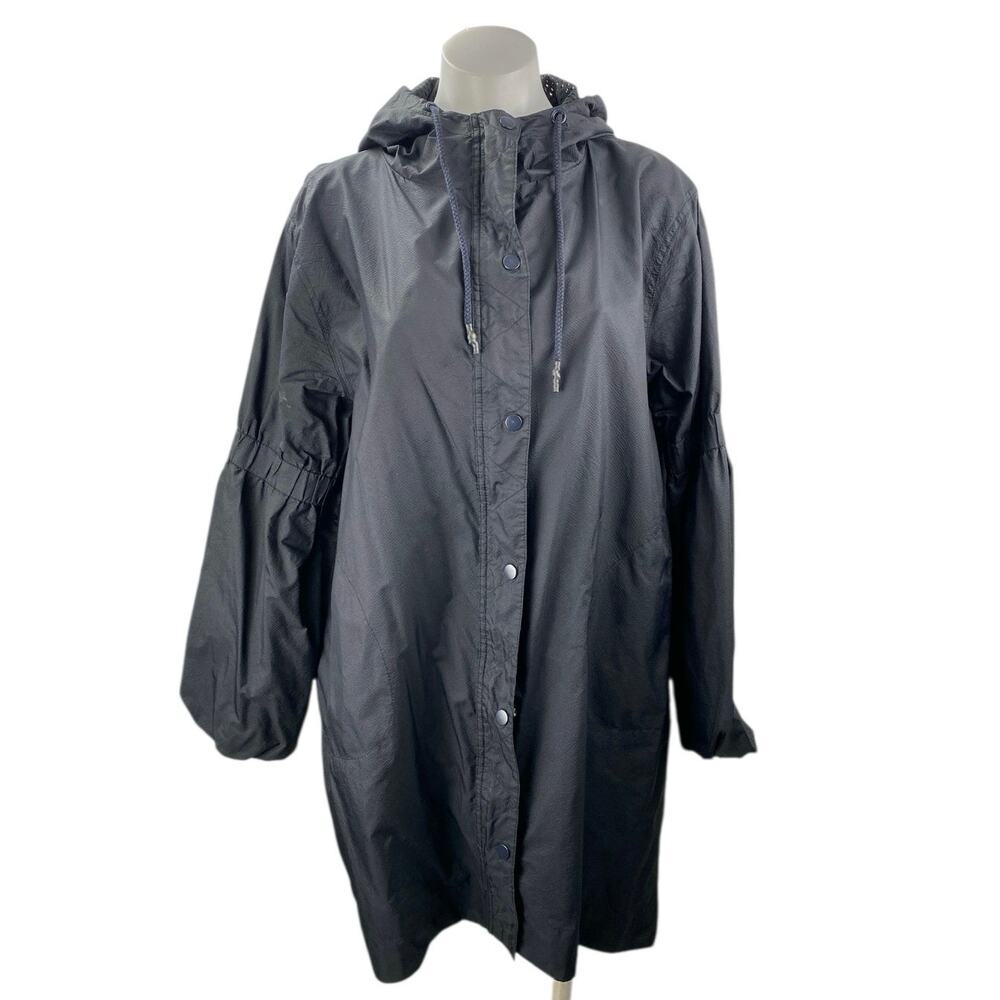 Jo Lab Women's Black Snap Button Long Sleeve Hooded Rain Coat Trench Jacket Sz M